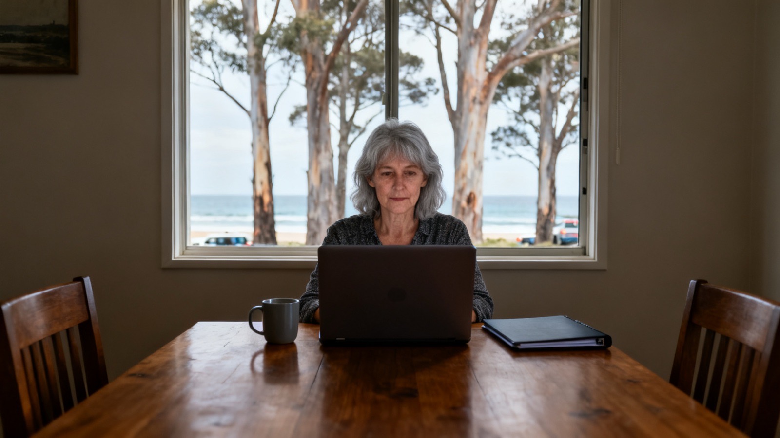 A woman at a dining table working on a laptop, tall gum trees through the window behind her
